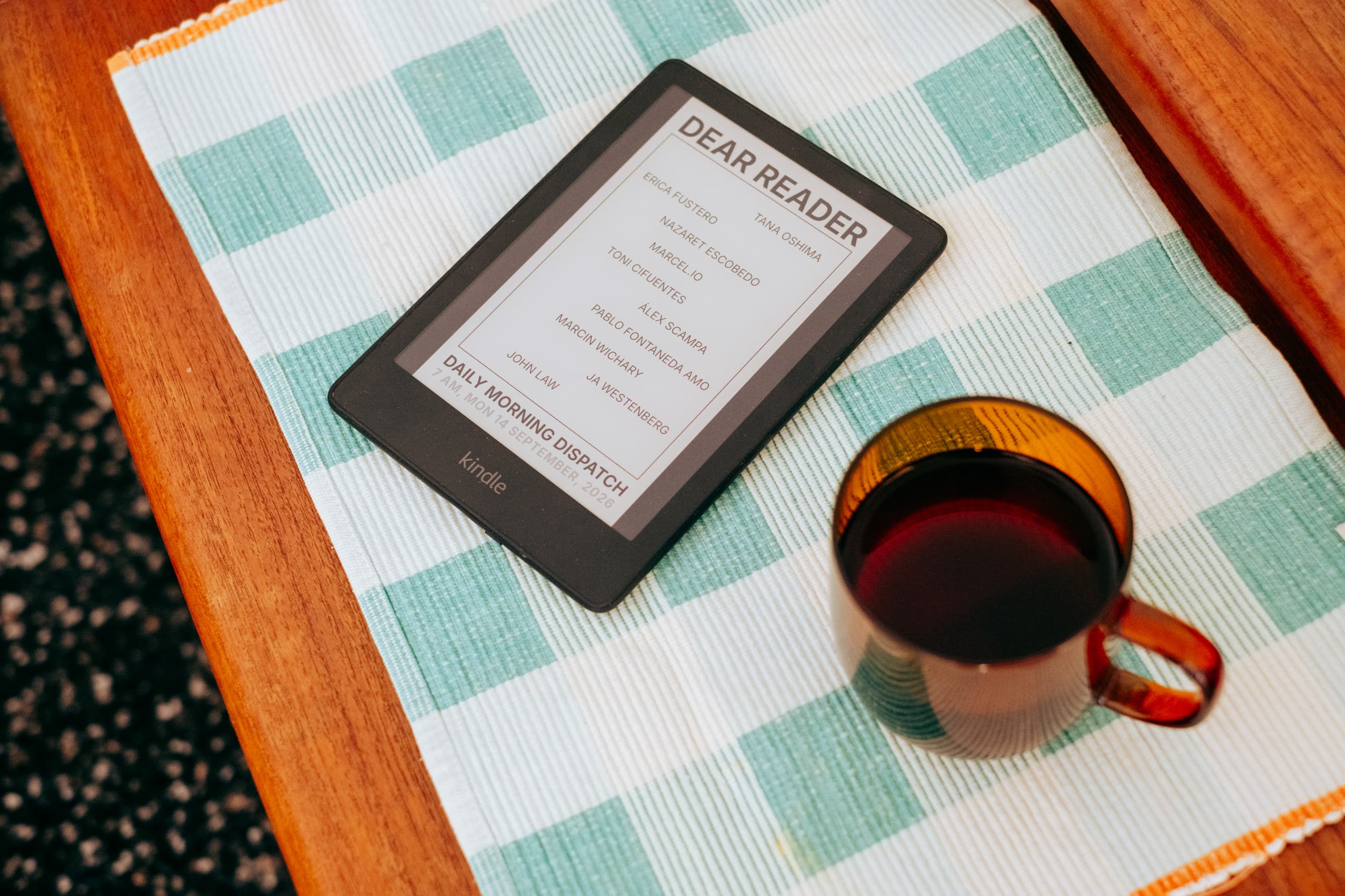 Close-up photograph showing the e-pub generated from blogs using the dear reader app on a kindle